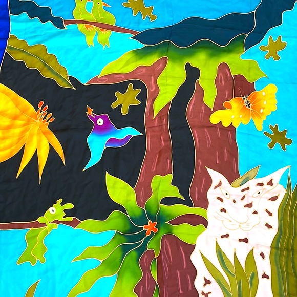 Large silk scarf with vibrant colors and patterns 43*37 inches. - Picture 2 of 4